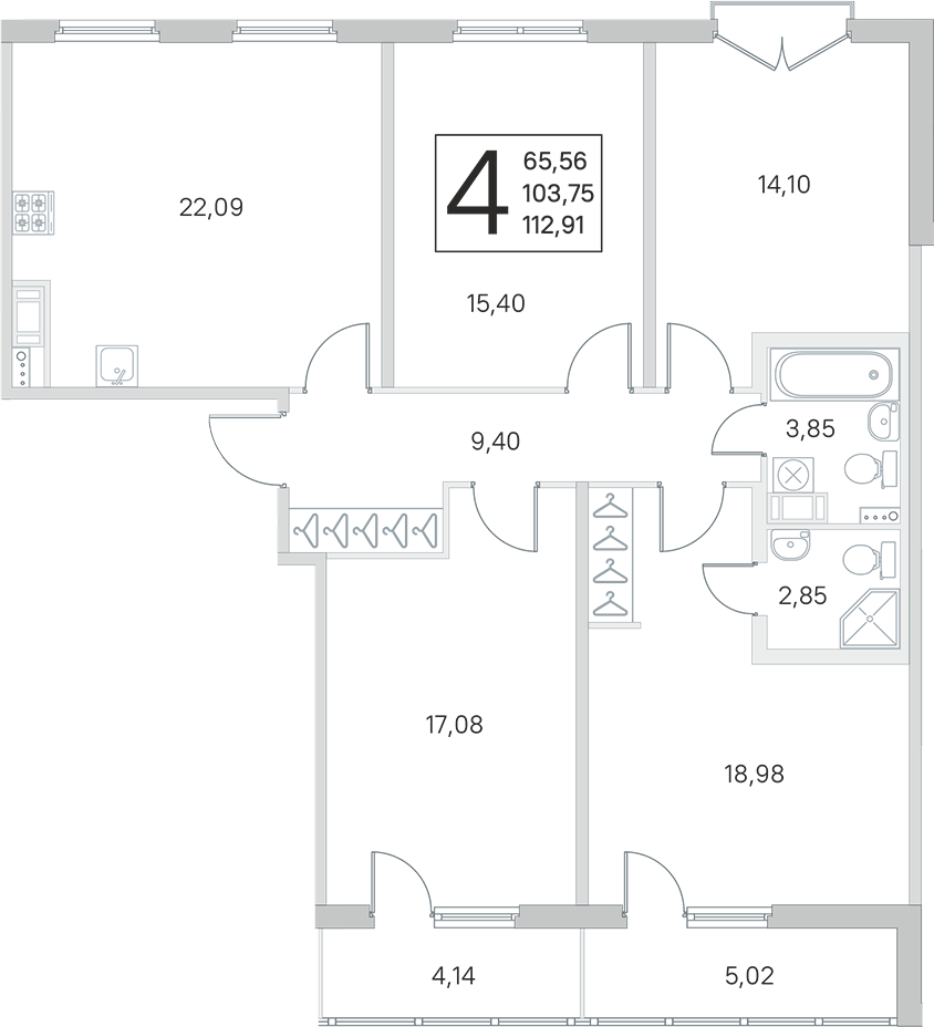 4-комнатная квартира 103.75 м², 4/4 эт., ЖК «Любоград в Стрельне»